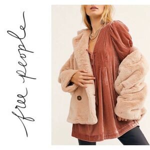 Free People Puff Short Sleeve Pleated Ribbon Tie Pink Velvet Tunic Mini Dress M